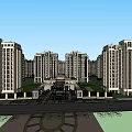 Modern High Rise Apartment Buildings With Symmetric Facade Evening Lighting Water Feature And Landscaped Entrance