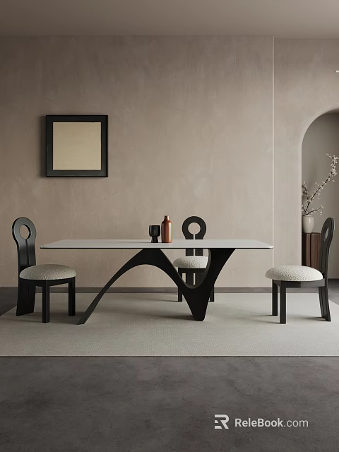 Modern Restaurant Interior With Stylish Dining Table Black Framed Chairs And Wall Art 3d model 