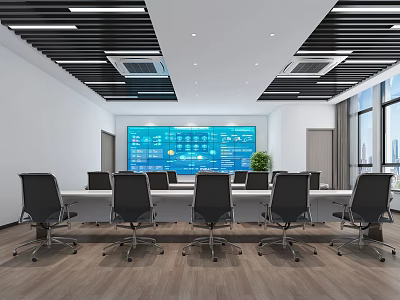 Modern Monitoring Room Interior With Large Screen Wall Conference Table And Comfortable Chairs 3d model