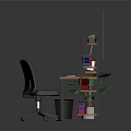 Modern Office Desk With Computer Monitor Keyboard Mouse Speakers Bookshelf Potted Plant And Framed Paintings