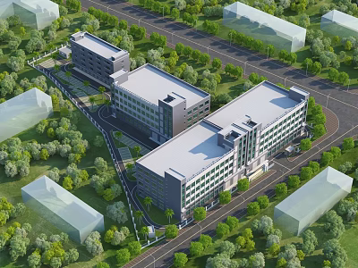 Spacious Modern Industrial Factory Complex With Green Landscaping And Road Network 3d model