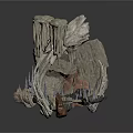 Abstract Sculpture With Irregular Rock Like Texture Hanging Formations And Layered Design