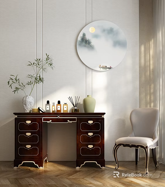 Elegant Wooden Dressing Table with Vase Aromatherapy Skincare and Round Landscape Mirror and Matching Chair 3d model 