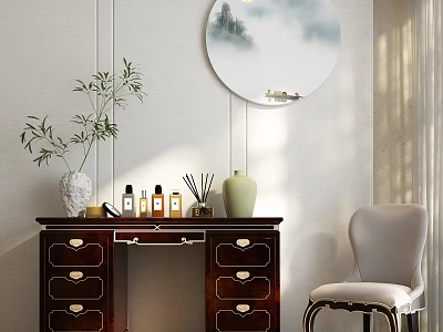 Elegant Wooden Dressing Table with Vase Aromatherapy Skincare and Round Landscape Mirror and Matching Chair 3d model