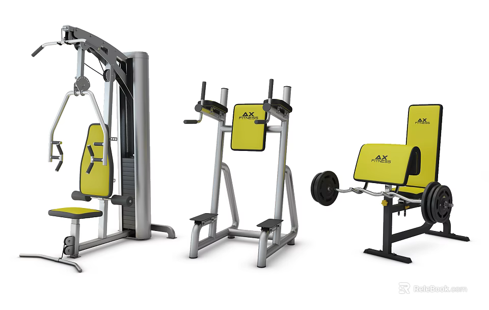 Multiple Types of Yellow and Gray Fitness Equipment for Strength Training 3d model 