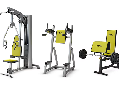 Multiple Types of Yellow and Gray Fitness Equipment for Strength Training 3d model