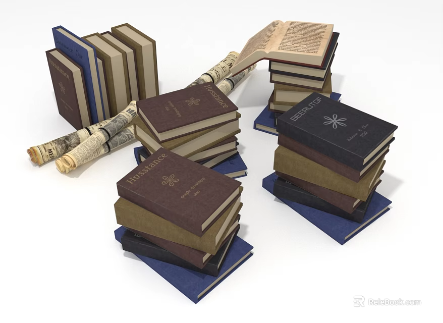 Books Stacked Open And Rolled With Various Colors And Different Sizes 3d model 