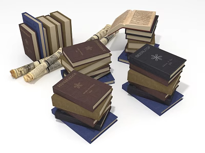 Books Stacked Open And Rolled With Various Colors And Different Sizes 3d model