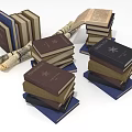 Books Stacked Open And Rolled With Various Colors And Different Sizes