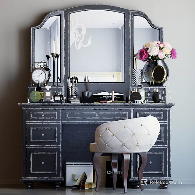 Dark Distressed Dresser With Decorative Mirror Vase Pink White Flowers Clock Scented Candles Upholstered Stool 3d model 