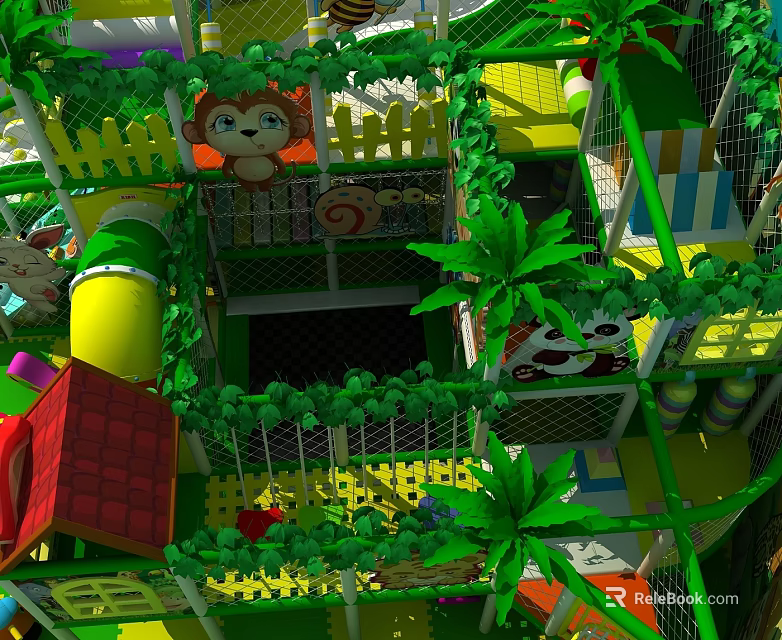 Colorful Indoor Children's Commercial Play Equipment With Green Fence Cartoon Decorations Slide And Climbing Structure 3d model 