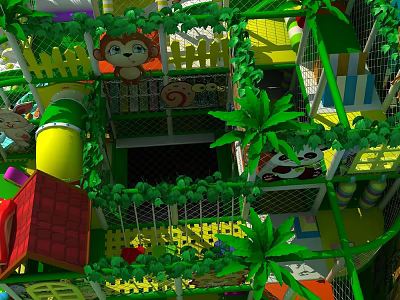 Colorful Indoor Children's Commercial Play Equipment With Green Fence Cartoon Decorations Slide And Climbing Structure 3d model