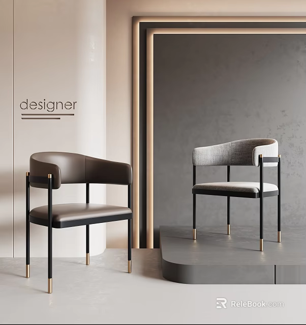 Modern Dining Chairs With Dark Leather Light Gray Fabric Black Metal Legs And Gold Details 3d model 