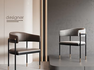 Modern Dining Chairs With Dark Leather Light Gray Fabric Black Metal Legs And Gold Details 3d model