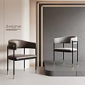 Modern Dining Chairs With Dark Leather Light Gray Fabric Black Metal Legs And Gold Details