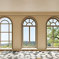 Arched Casement Windows In Room With Scenic Outdoor View And Indoor Plant Area Rug