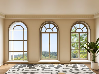 Arched Casement Windows In Room With Scenic Outdoor View And Indoor Plant Area Rug 3d model