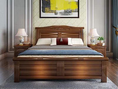 Traditional Wooden Double Bed with Carved Headboard Nightstands Table Lamps and Abstract Painting 3d model