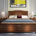 Traditional Wooden Double Bed with Carved Headboard Nightstands Table Lamps and Abstract Painting