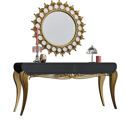 Luxury Dressing Table With Gold Accents Ornate Round Mirror And Black Top 3d model