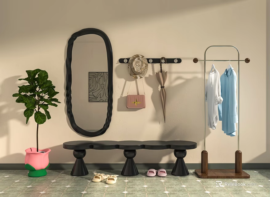 Elegant Entryway Featuring Decorative Mirror Bench Coat Hooks Clothes Rack And Potted Plant 3d model
