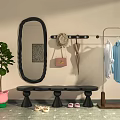 Elegant Entryway Featuring Decorative Mirror Bench Coat Hooks Clothes Rack And Potted Plant 3d model