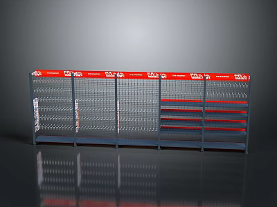 Sturdy Metal Weapon Display Rack With Multiple Hooks And Red Label Storage Shelves 3d model