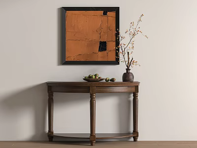 Wooden Console Table With Vase Branches Fruit Platter And Black Frame Orange Wall Art 3d model