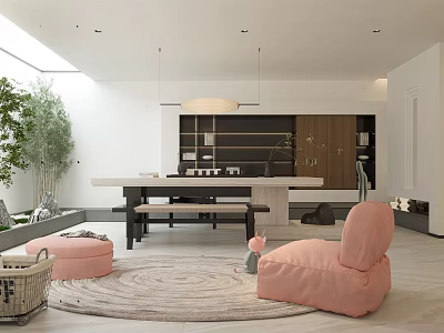 Modern Living Room Interior With Pink Bean Bag Round Rug Green Plant And Pendant Lights 3d model