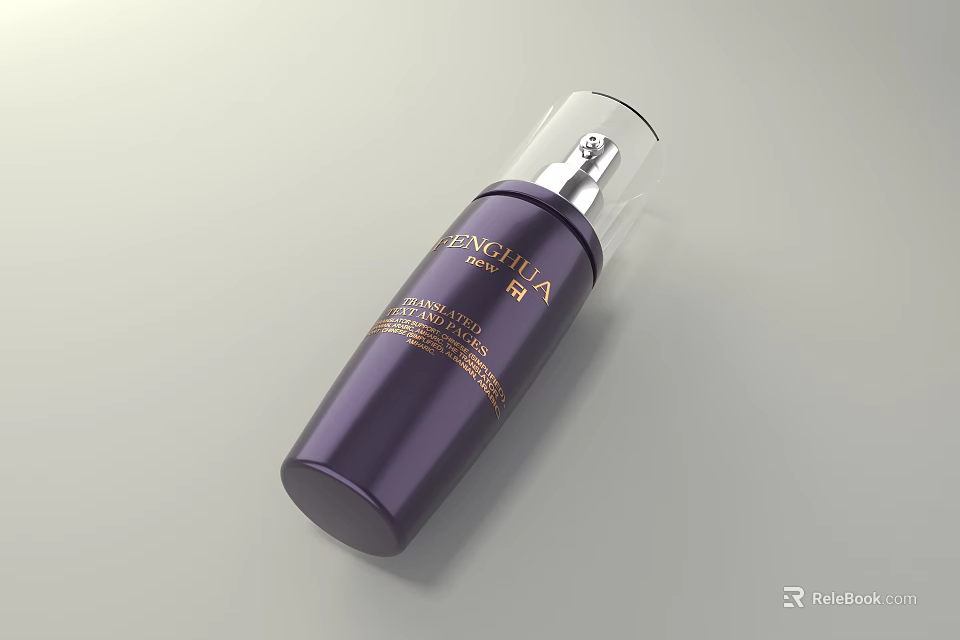 Glossy Purple Cosmetic Serum Bottle With Golden Text And Elegant Spray Pump Design 3d model 