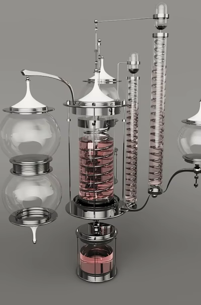 Industrial Equipment Featuring Glass Containers Metal Spiral Components And Connected Pipes 3d model