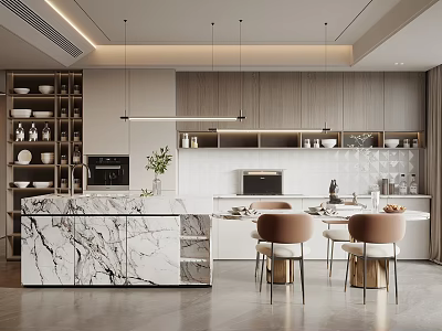 Modern Restaurant Interior Design With Open Layout Marble Counter Hanging Lights And Dining Chairs 3d model