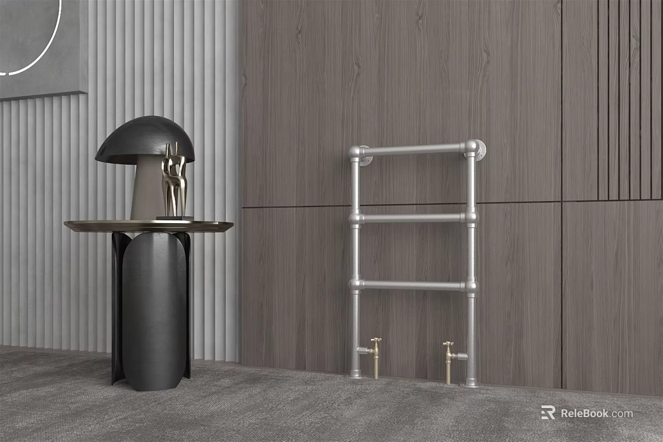 Modern Chrome Radiator on Gray Wooden Wall with Black Table Lamp and Small Table 3d model 
