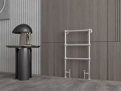 Modern Chrome Radiator on Gray Wooden Wall with Black Table Lamp and Small Table 3d model