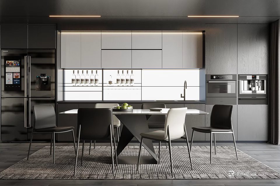 Modern Restaurant Kitchen Interior With Island Counter Cabinets Dining Chairs And Strip Lighting 3d model 