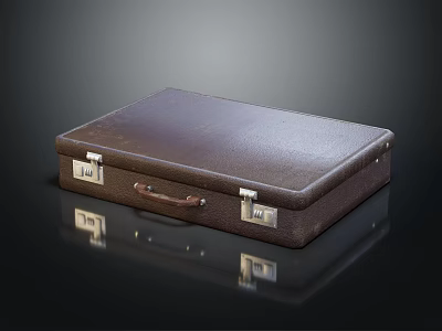 Brown Leather Suitcase with Metal Clasps and Handle on Smooth Surface with Reflection 3d model