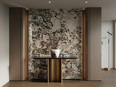 Elegant Foyer Entryway Interior With Decorative Marble Wall Console Table And Flower Vase 3d model