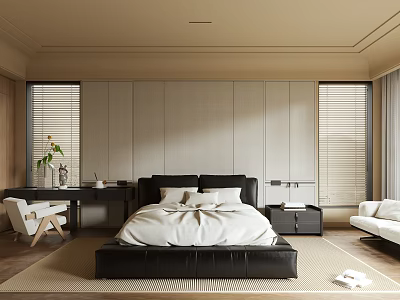 Modern Elegant Bedroom Interior Design With Black Bed Wooden Shutters Desk And Plants 3d model