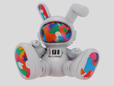 Rabbit Shaped Art Installation With Astronaut Helmet And Colorful Graffiti Patterns 3d model