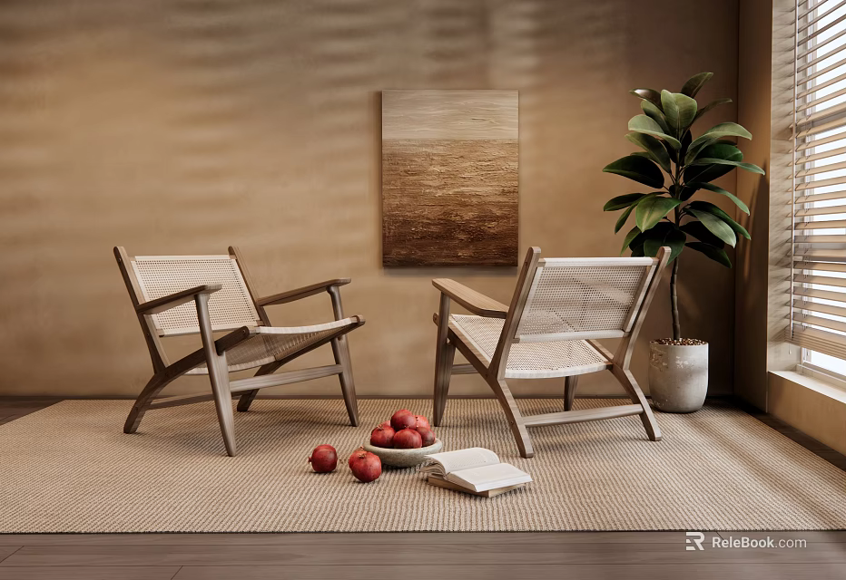 Cozy Indoor Leisure Chairs With Wooden Frame Green Plant And Decorative Painting 3d model 