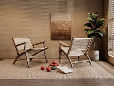 Cozy Indoor Leisure Chairs With Wooden Frame Green Plant And Decorative Painting 3d model