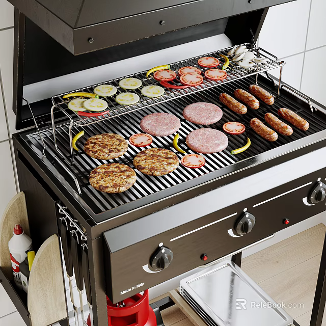 Outdoor Barbecue Grill Cooking Hamburgers Sausages Vegetable Slices With Stainless Steel Rack And Control Knobs 3d model 