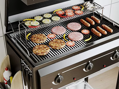 Outdoor Barbecue Grill Cooking Hamburgers Sausages Vegetable Slices With Stainless Steel Rack And Control Knobs 3d model