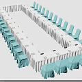 Rectangular White Conference Table Surrounded by Turquoise Chairs with Meeting Place Settings 3d model