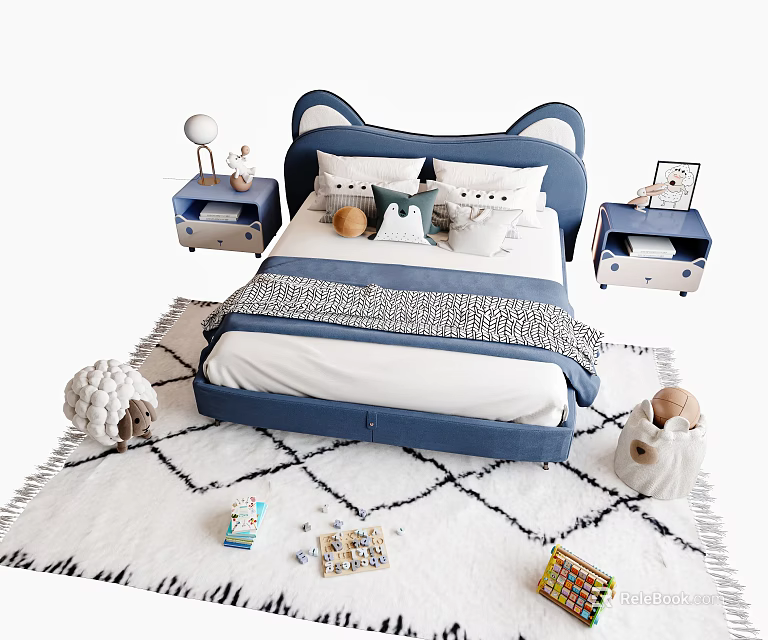 Blue Children's Bed with Cat Ear Design Nightstands Toys and Soft Carpet 3d model 