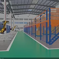 Industrial Factory With Double Deck Shelves Cardboard Boxes Green Floor Machinery And Windows