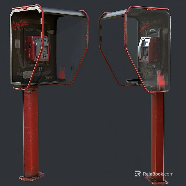 Vintage Red Public Phone Booths With Glass Shelters And Graffiti 3d model 