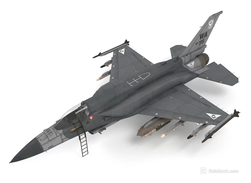 Gray Military Fighter Jet Armed With Missiles And Boarding Ladder In Static 3d model 