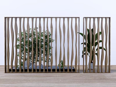 Wooden Room Divider With Wavy Slats And Indoor Plants In Modern Interior 3d model