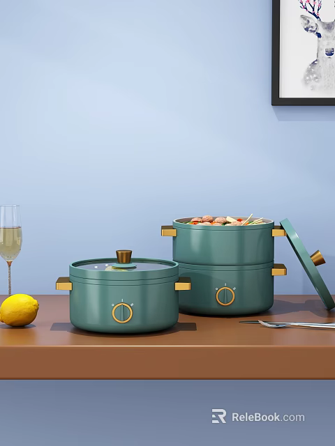 Green Cooking Pots With Golden Accents Open Lid Food Lemon Champagne Glass And Utensils 3d model 